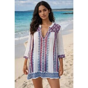 Roller Rabbit Cotton Gauze Tunic Top Boho Print Medium India Lightweight Beachy